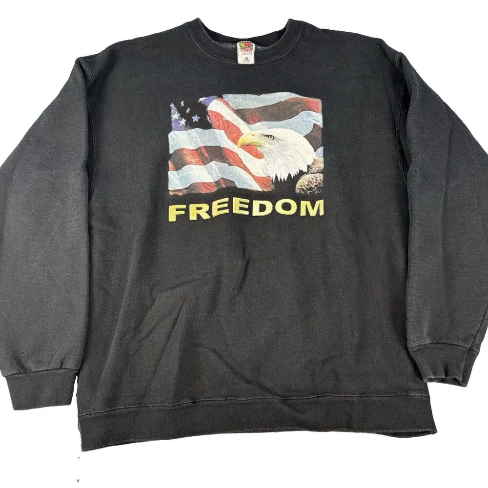 Vintage Fruit of the Loom Heavy Cotton Sweatshirt Black Flag Eagle Freedom USA